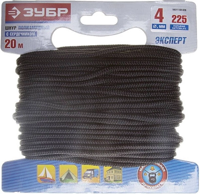 Шнур полиамидный, плетеный, повышенной нагрузки, с сердечником, черный, d 4, 20м (50311-04-020) ЗУБР