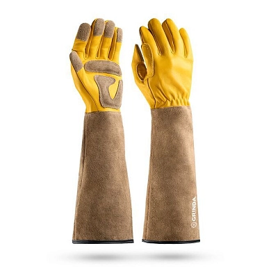 Перчатки садовые, M(8),  кожан., с увелич. крагой, усил. ладонь и кончики пальцев (11303-M) GRINDA