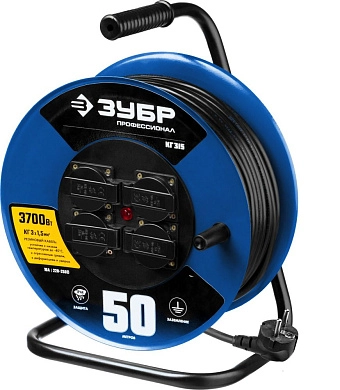 Удлинитель на катушке 50м (КГ 3x1,5мм2, 3,7кВт, IP44, 4 р., 220В, мет. кат) (55080-50) ЗУБР