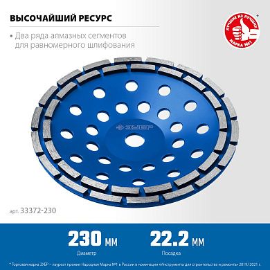 Чашка алмазная сегм. 2-х рядная (230х5х22.23) Бетон "ПРОФЕССИОНАЛ" (33372-230_z01) ЗУБР