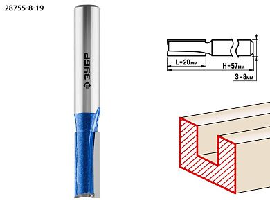 Фреза пазовая прямая с нижними подрезателями, D= 8мм, рабочая длина-20мм, хв.-8 мм (28755-8-19) ЗУБР