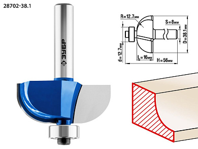Фреза кром. калев. №2, D= 38,1мм, раб. дл.-16мм, рад.-12,7мм, хв.-8мм, d-12,7мм (28702-38.1) ЗУБР