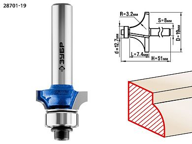 Фреза кром. калев. №1, D= 19мм, раб. дл.-7,4мм, рад.-3,2мм, хв.-8мм, d-12,7мм (28701-19) ЗУБР