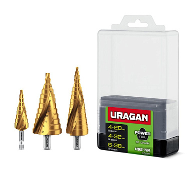Набр сверл ступенчатых, 3пр, 4-38мм (29658-4-38-H3) URAGAN