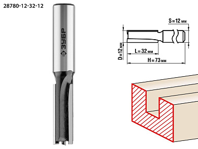 Фреза пазовая прямая, D=12 мм, рабочая длина-32 мм, хв.-12 мм (28780-12-32-12) ЗУБР