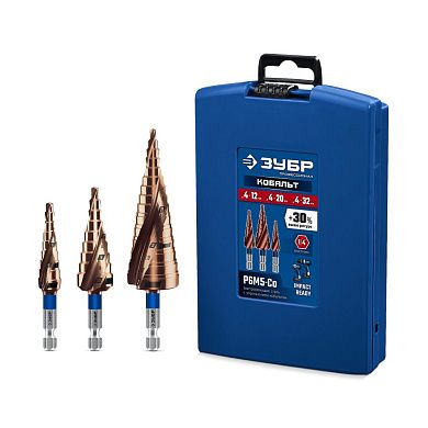 Набор ступенчатых сверл, 3 шт, винтовая проточка, 4-32мм, КОБАЛЬТ ПРОФЕССИОНАЛ (29674-4-32-H3) ЗУБР