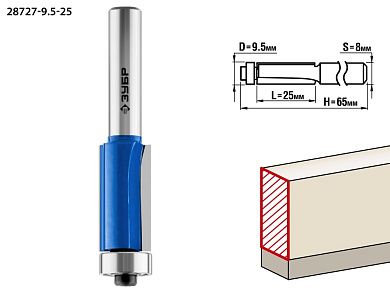 Фреза кромочная с нижним подшип., D= 9,5мм, раб. длина-25мм, хв.-8мм, d-9,5мм (28727-9.5-25) ЗУБР
