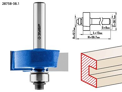 Фреза фальцевая, D= 38,1мм, рабочая длина-13мм, хв.-8мм, d-12,7мм (28758-38.1) ЗУБР