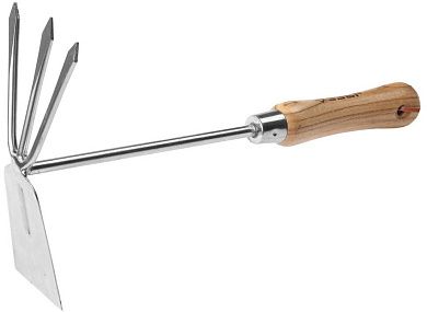 Мотыжка "ЭКСПЕРТ" комбинированная из нерж. стали, деревянная ручка из ясеня, прямое лезвие + 3 зубца, 190х80х330мм (4-39472) ЗУБР