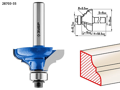 Фреза кром. калев. №3, D= 35мм, раб. дл.-15мм, рад.-5,5мм, хв.-8мм, d-12,7мм (28703-35) ЗУБР