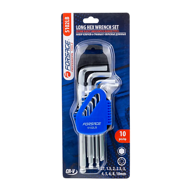 Набор ключей шестигранных, длинных с шаром 10пр. (1.27, 1.5, 2, 2.5, 3-6, 8, 10мм)(F-5102LB) Forsage