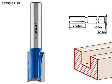 Фреза пазовая прямая с нижними подрезателями, D= 12мм, раб. длина-20мм, хв.-8 мм (28755-12-19) ЗУБР