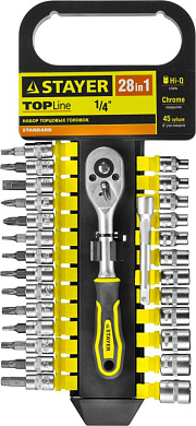 Набор головок с трещоткой и удлинителем 1/4" 4-13мм, 28пр., на подвесе (27754-H28) STAYER