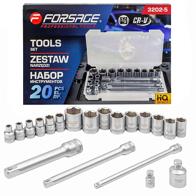 Набор инструментов 3/8" 20пр. (6гр.)(6-22мм) в пласт.кейсе (F-3202-5) Forsage