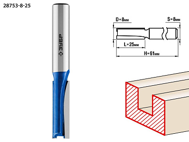 Фреза пазовая прямая, D= 8мм, рабочая длина-25мм, хв.-8 мм (28753-8-25) ЗУБР