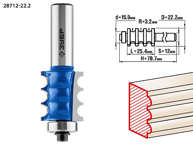 Фреза кромочная фигурная №1, D= 22,2мм, рабочая длина-25,4мм, хв.-12мм, d-15,9мм (28712-22.2) ЗУБР