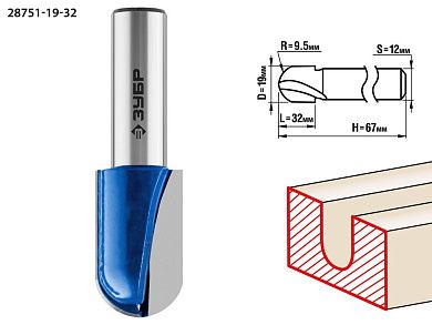 Фреза пазовая галтельная, D= 19мм, рабочая длина-32мм, радиус-9,5мм, хв.-12 мм (28751-19-32) ЗУБР