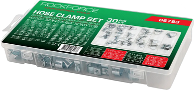 Набор хомутов зажимных, червячных, от 6-8мм до 14-16мм, 30пр. (RF-RF-06783) ROCKFORCE