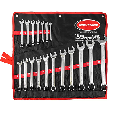 Набор ключей комбинированных 18пр.(8-19, 21, 22, 24, 27, 30, 32мм),на полотне (RF-5181P) RockFORCE