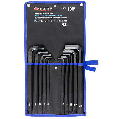 Набор ключей шестигранных длинных 10пр. 6-22 мм, на полотне (F-5107L) Forsage