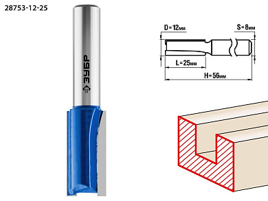 Фреза пазовая прямая, D= 12мм, рабочая длина-25мм, хв.-8 мм (28753-12-25) ЗУБР