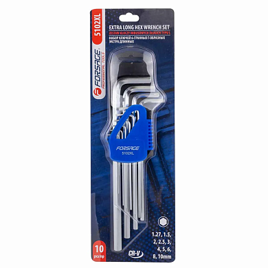 Набор ключей шестигранных, экстра длинных 10пр. (1.27, 1.5, 2, 2.5, 3-6, 8, 10мм)(F-5102XL) Forsage