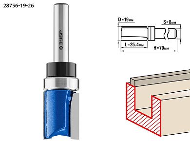Фреза пазовая прямая с верхним подшип., D= 19мм, раб. дл.-25,4мм, хв.-8мм, d-19мм (28756-19-26) ЗУБР