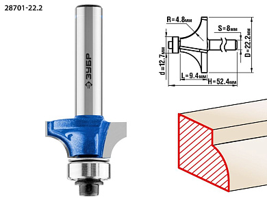 Фреза кром. калев. №1, D= 22,2мм, раб. дл.-9,4мм, рад.-4,8мм, хв.-8мм, d-12,7мм (28701-22.2) ЗУБР