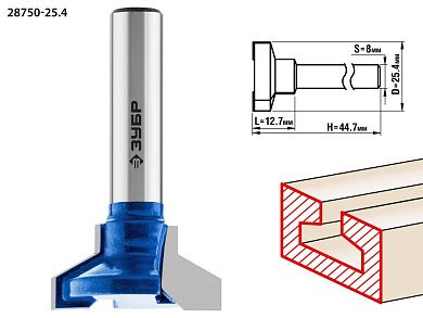 Фреза паз. Т-образная №2, D= 25,4мм, высота-12,7мм, вугол накл.-30 град., хв.-8мм (28750-25.4) ЗУБР