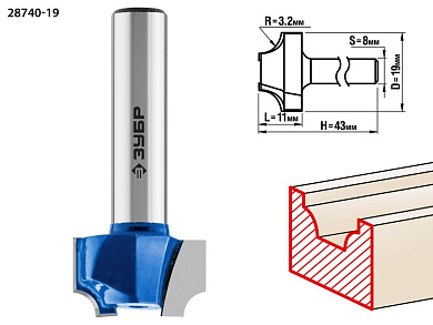 Фреза пазовая фасонная №1, D= 19мм, рабочая длина-11мм, радиус-3,2мм, хв.-8 мм (28740-19) ЗУБР