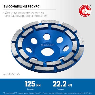 Чашка алмазная сегм. 2-х рядная (125х5х22.23) Бетон "ПРОФЕССИОНАЛ" (33372-125_z01) ЗУБР