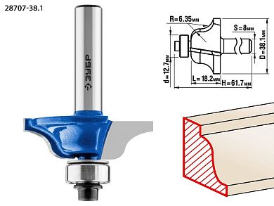 Фреза кром. калев. №6, D= 38,1мм, раб. дл.-16,2мм, рад.-6,35мм, хв.-8мм, d-12,7мм (28707-38.1) ЗУБР