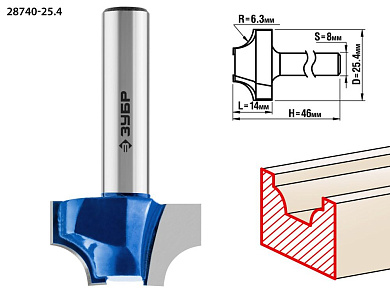Фреза пазовая фасонная №1, D= 25,4мм, рабочая длина-14мм, радиус-6,3мм, хв.-8 мм (28740-25.4) ЗУБР