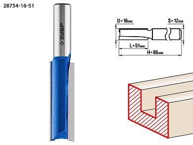 Фреза пазовая прямая, удлиненная, D= 16мм, рабочая длина-51мм, хв.-12 мм (28754-16-51) ЗУБР