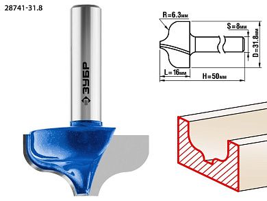 Фреза пазовая фасонная №2, D= 31,8мм, рабочая длина-16мм, радиус-6,35мм, хв.-8 мм (28741-31.8) ЗУБР