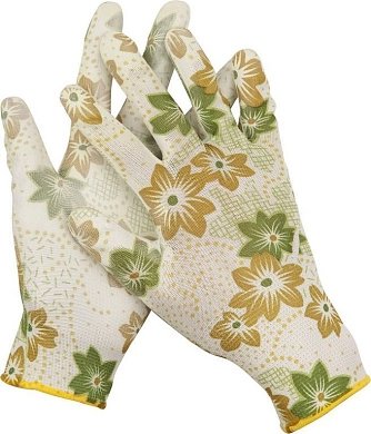 Перчатки садовые, прозрачное PU покрытие, 13 класс вязки, бело-зеленые, размер S (11293-S) Grinda