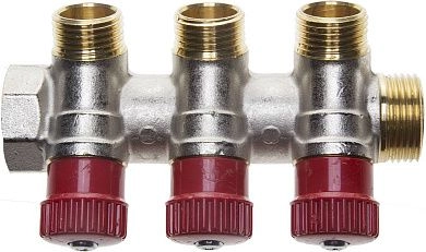 Коллектор GENERAL FITTINGS для горячей воды, вентили, никелированная латунь, вход 3/4" - 3 выхода 1/