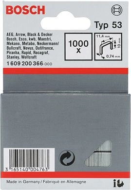 Скобы металлические тип 53, 10/11.4, 1000 шт. (1 609 200 366) BOSCH