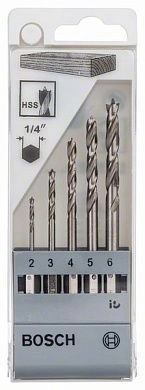 Набор сверл по дереву с хвостовиком 1/4", d=2-3-4-5-6мм, 5пр. (2 608 595 525) BOSCH