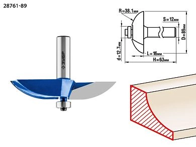 Фреза фигирейная №2, D= 89мм, рабочая длина-16мм, радиус-38,1мм, хв.-12мм, d-12,7мм (28761-89) ЗУБР