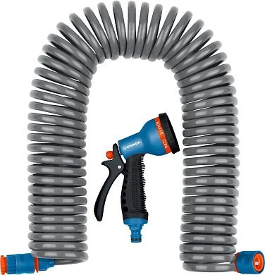 Набор GRINDA поливочный: Шланг спирал 3/8"x15м,пистолет-распылитель 7 позиц,адаптер внеш 1/2"x3/4",с