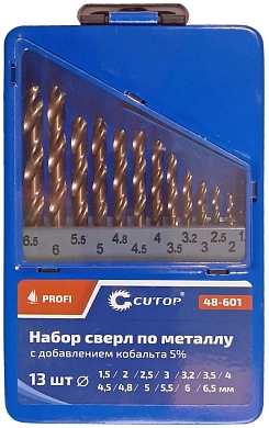 Набор сверл по металлу 1.5-6.5 мм, HSS-Co, 13шт. (48-601) CUTOP