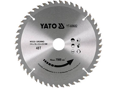 Диск пильный 216х30х48T по дереву (YT-60682) YATO