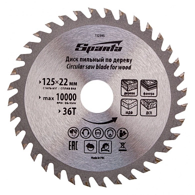 Диск пильный 125х22х36T по дереву (732395) SPARTA