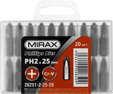 Биты PH№2, тип хвостовика C 1/4", длина 25мм, 20шт (26251-2-25-20) MIRAX