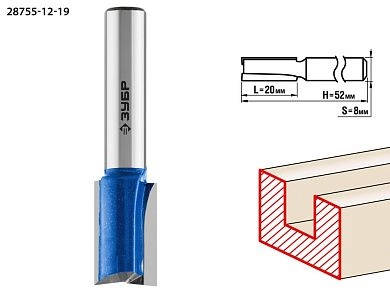Фреза пазовая прямая с нижними подрезателями, D= 12мм, раб. длина-20мм, хв.-8 мм (28755-12-19) ЗУБР