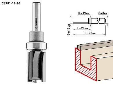 Фреза паз. прямая с верх. подшип., D=19 мм, раб. дл.-26 мм, хв.-8 мм, d-19 мм (28781-19-26) ЗУБР