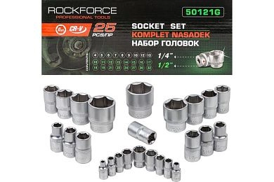 Набор головок 1/4", 1/2", 25пр. (6гр.)(1/2": 10-21) (RF-50121G) Rock FORCE
